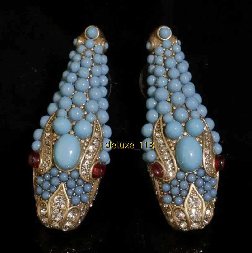 Animal shape full diamond unisex gold serpentine turquoise set necklace earrings jewelry