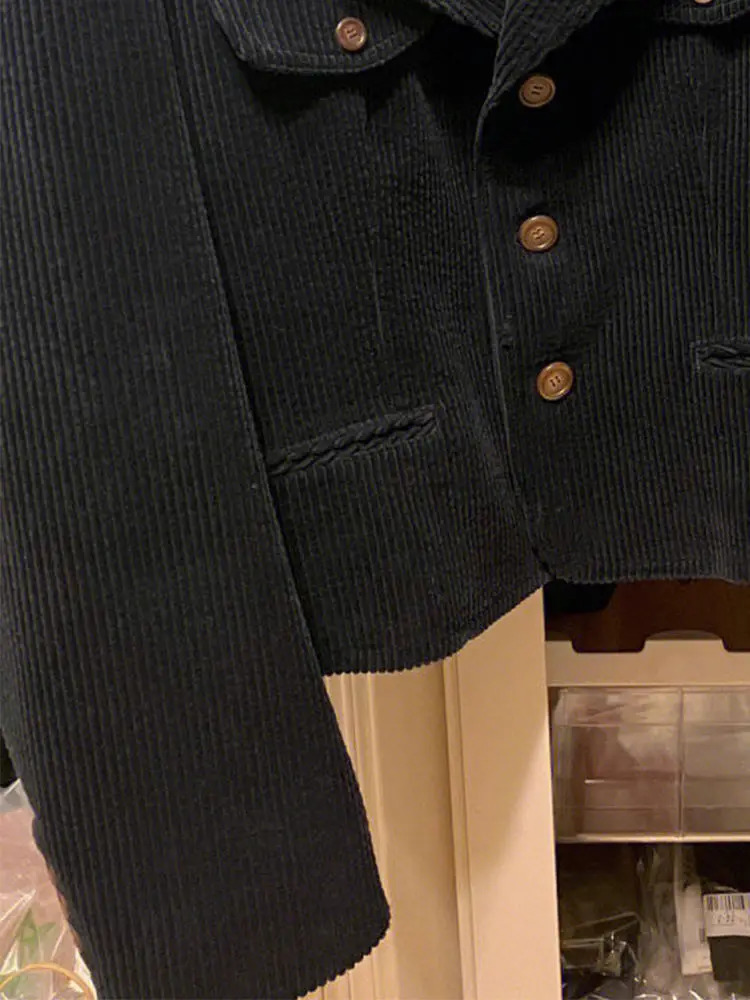 Spring And Autumn Black Corduroy Suit Jacket For Women Short Flip Collar Casual Top 250227