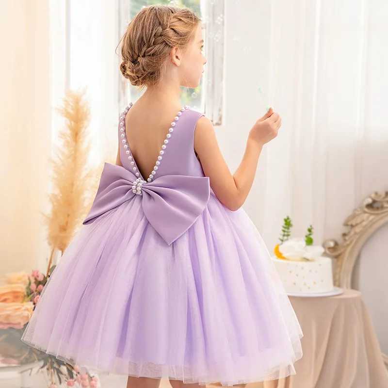 Girl's Dresses 2024 new Cute girls dress Ball dress Fluffy pearl bow Childrens Foyer for 4 5 6 7 8 9 year old childrens dress Piano costume Y2502