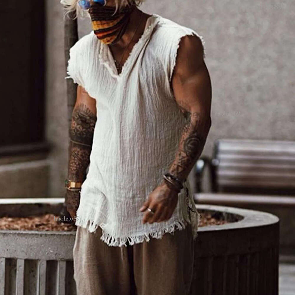 Mens Tank Tops Top Oneck Tassel Hem Sleeveless Shirts Cotton Linen Vest Loose Fit Bohemian Beach Wear Vacation Casual Shirt 230509