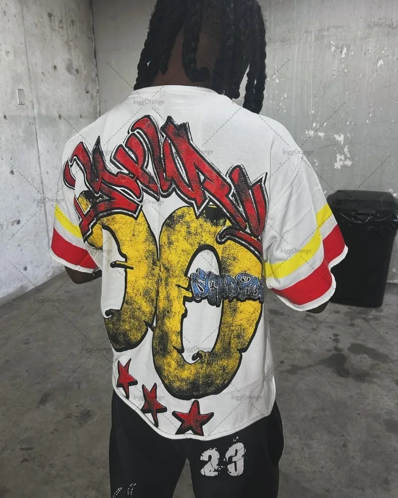 Y2K Harajuku Retro Striped Short-sleeved Street Hip-hop Punk Style Printed Oversized T-shirt Men Trendy Casual Cotton Top 250225