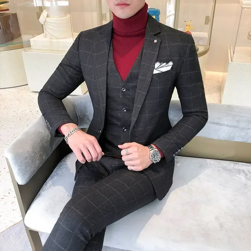 Men Dress Suits British 3Piece Set Men Wedding Suit Fall Mens Business Formal Plaid Suit Men Slim Fit Dress Suit 250224