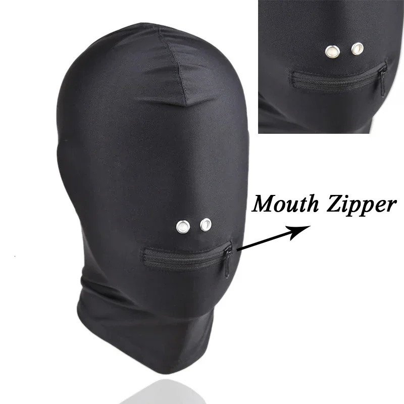 Black Mask with Open Mouth Zipper Headgear Cover Eye Head Hood Restraints Harness BDSM Bondage Roleplay Sex Toy Women Men 250227