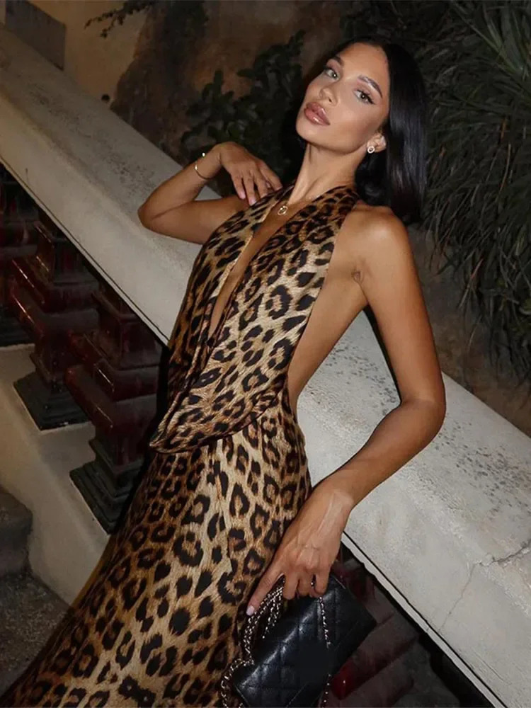 Sexy Leopard Printed Halter V-neck Womens Vestidos Fashion Backless Sleeveless Evening Gowns 2024 Fashion Party Dresses 250226