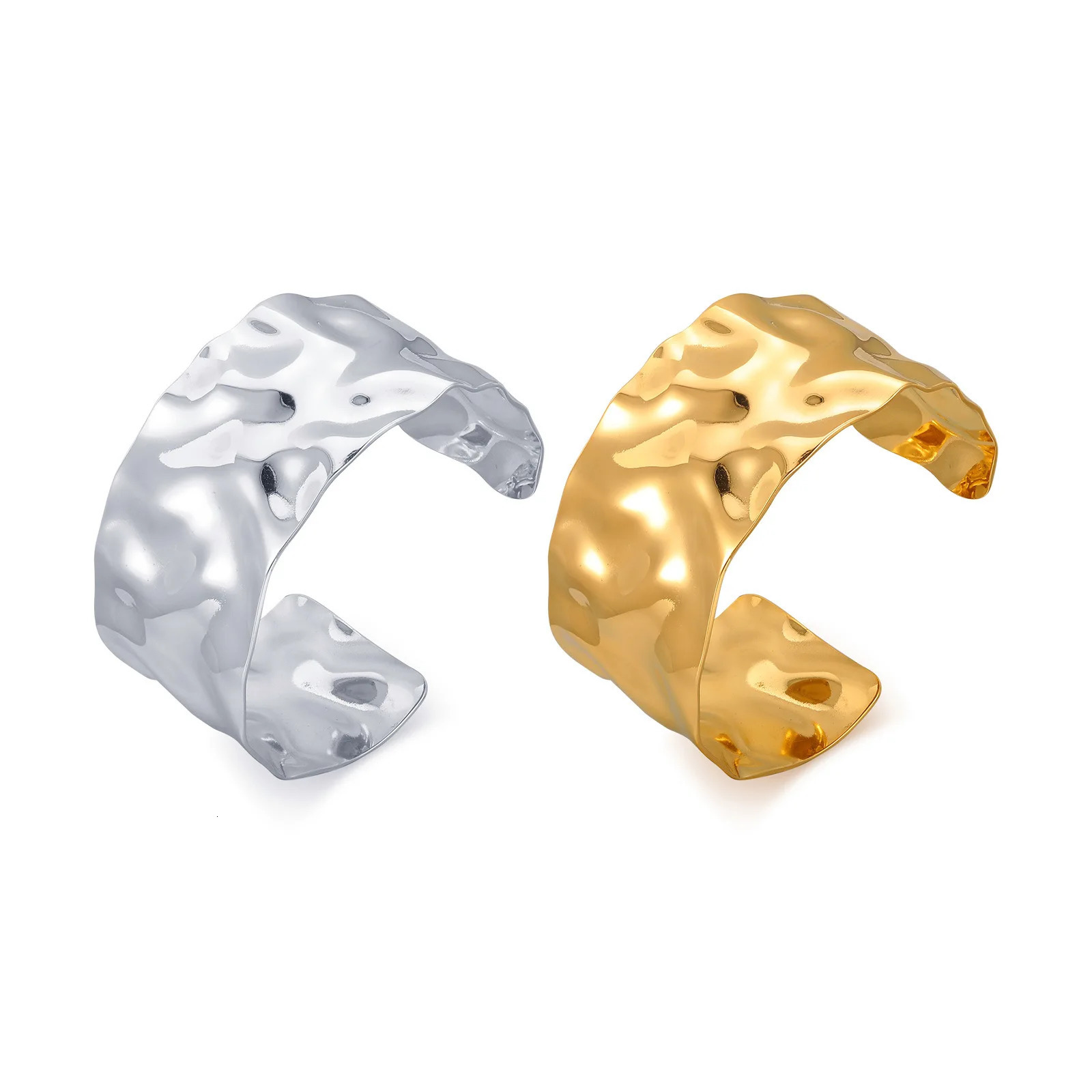 lassic Gold Color Wrinkle Texture wide bangle bracelet feather Flower bracelet For Women Cuff Bracelet Stainless Steel Jewelry 250227