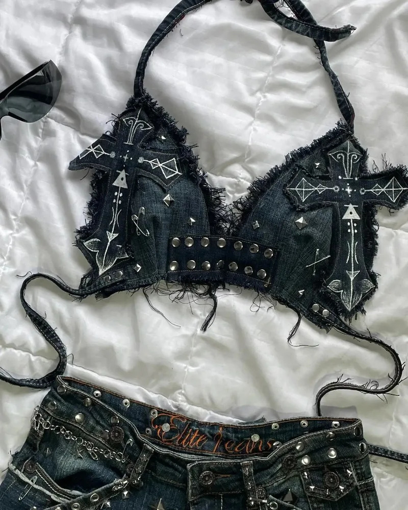 American Fashion Cross Embroidery Patch Short Suit Female Y2K Harajuku Style Sexy Spice Slim Denim Skirt Streetwear 250226