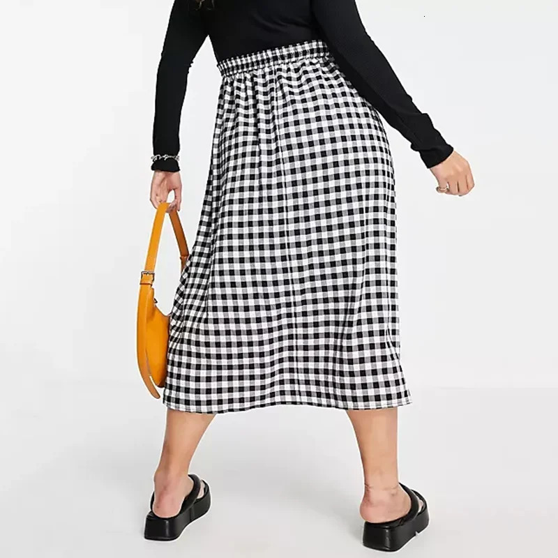 Plus Size Elastic Waist Black And White Checked Summer Elegant Midi Skirt Pocket Front Gingham A-line Skirt Large Size 6XL 7XL 250226