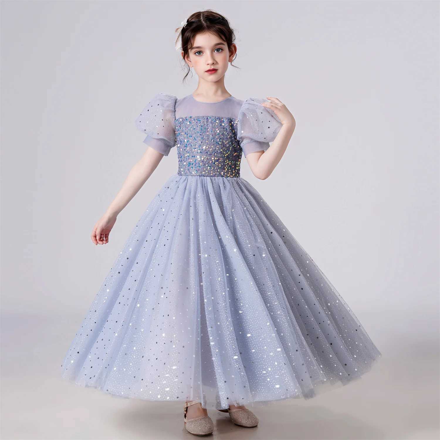 Girl's Dresses Elegant Party Dress Girl Puff Sleeve Princess Dress Wedding Childrens Sparkling Lace Birthday Party Formal Evening Dress Y250227OO