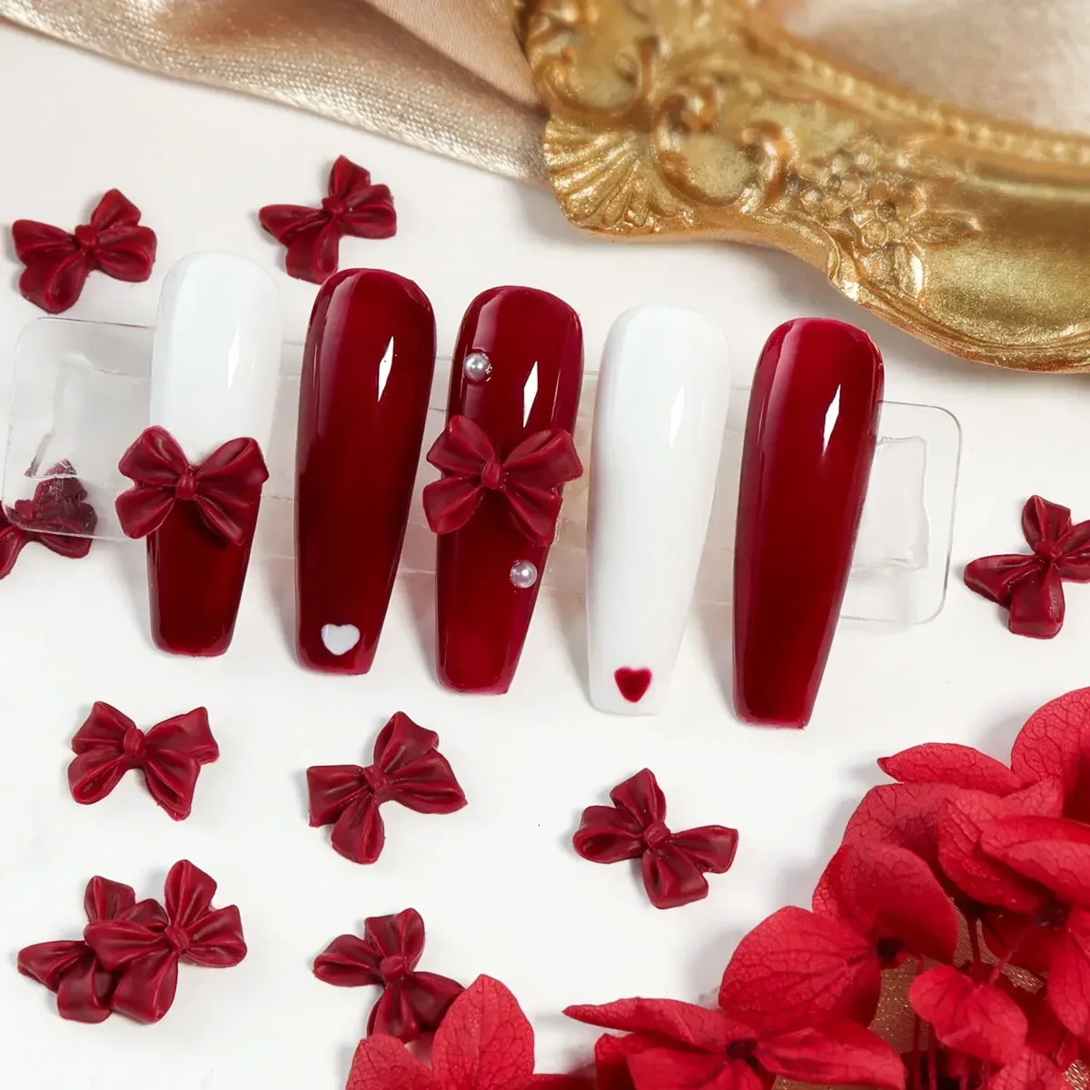 30 Cherry Red Bow Nails Charm Valentines Day Deep Tie Nail Accessories DIY Womens Salon n Decoration Supplies 250217