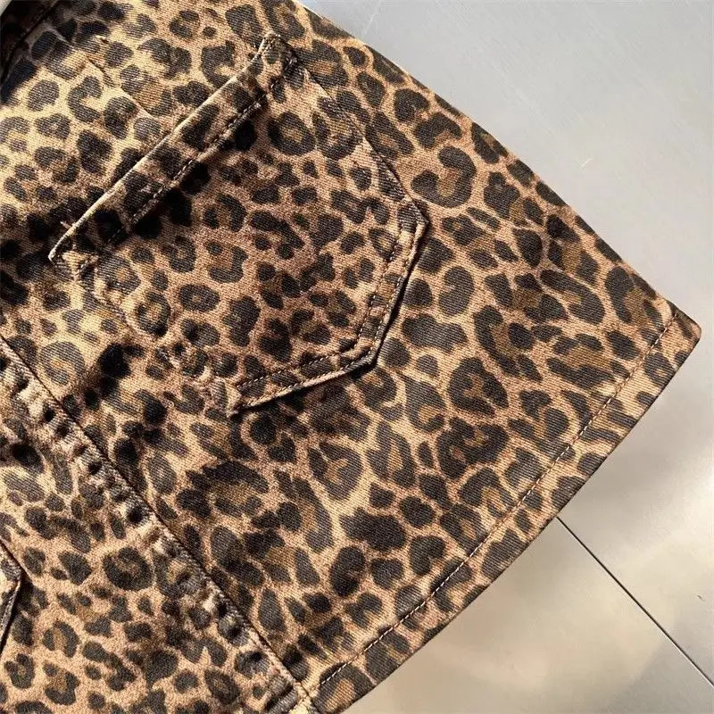 short skirt 2025 summer American fashion elastic coffee leopard print denim hip skirt girl patch small short skirt 250226