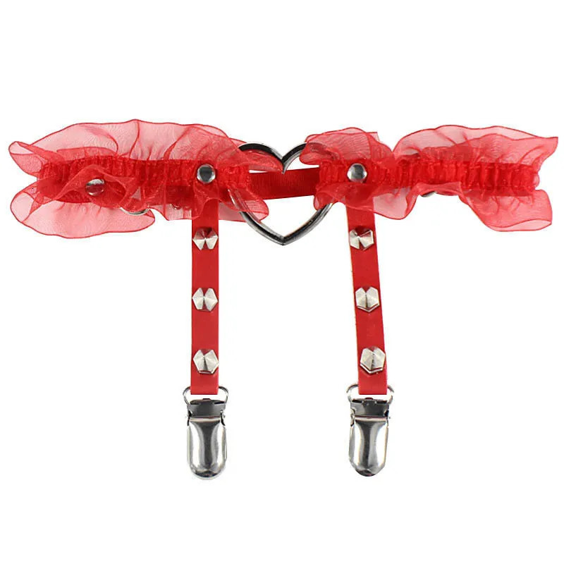 Gothic Women Sexy Lace Elasticity Heart Pu Leather Harness Tight Suspender Strap Leg Ring Garter Bondage Belt Female leg harness 250227