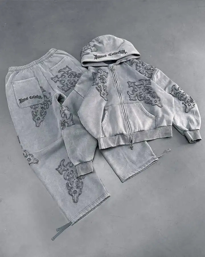 Retro Patch ed Hoodie Sweatpants Two Piece Set Y2K Sportswear Mens Letter y Oversized Casual Pants 250226