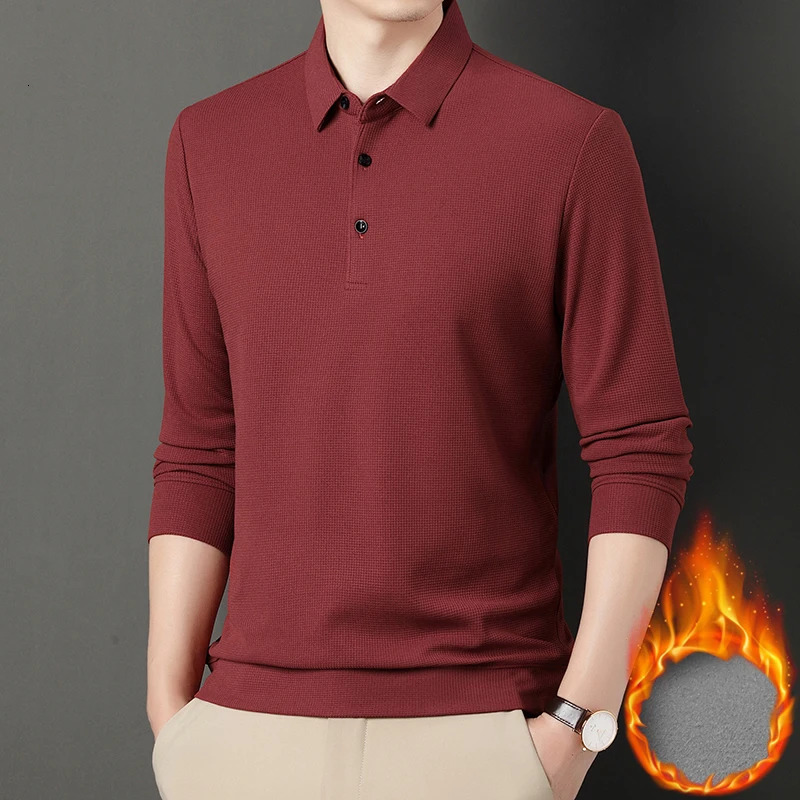 Fashion Winter Fleece Warm Men Business Wargoff Polo Shirts Long Sleeve Button Lapel Male Clothing Thick Casual T-Shirt Tops 250224
