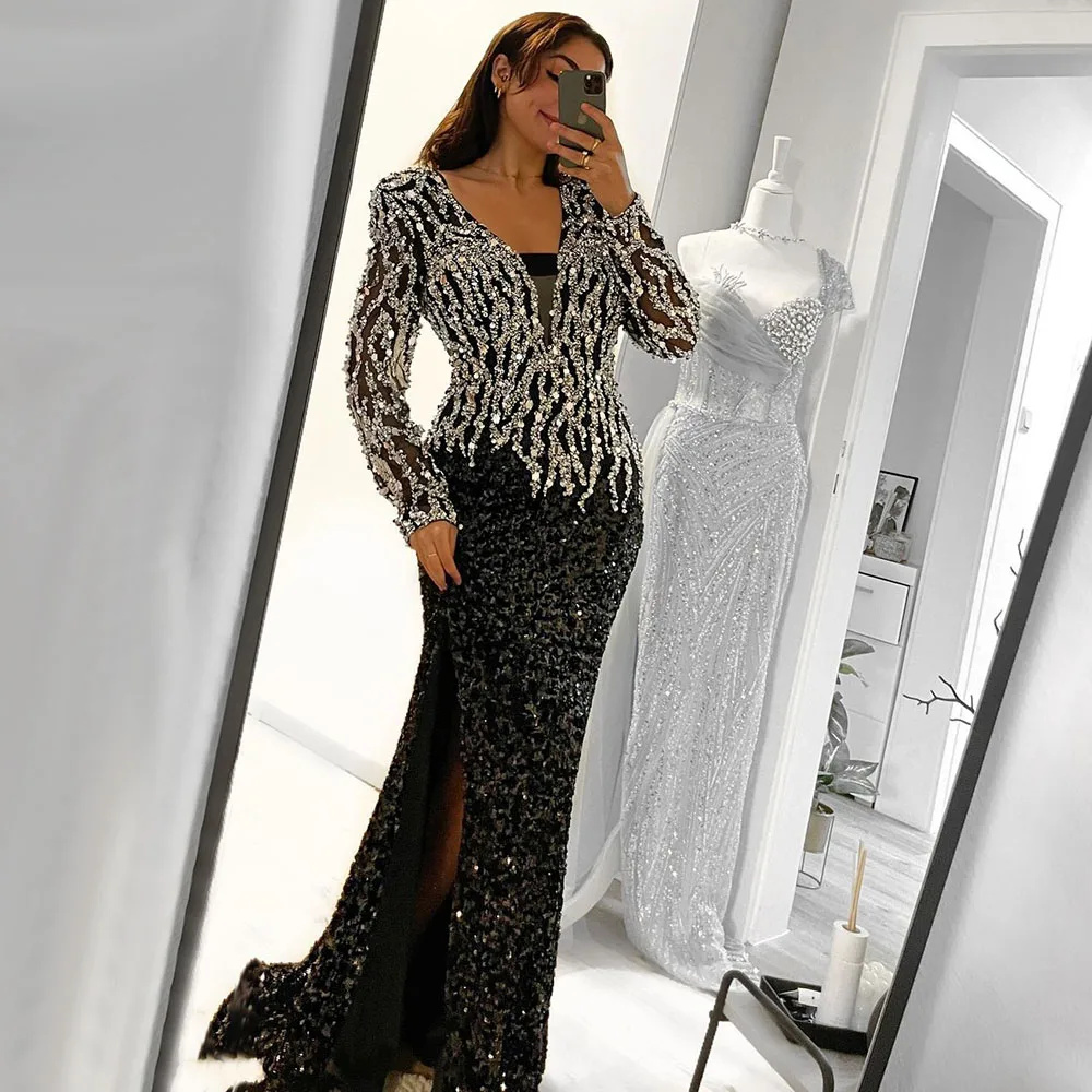 Luxury Black Mermaid Dubai Evening DressesV-Neck Long Sleeves Arabic Women Formal Party Gowns Customized