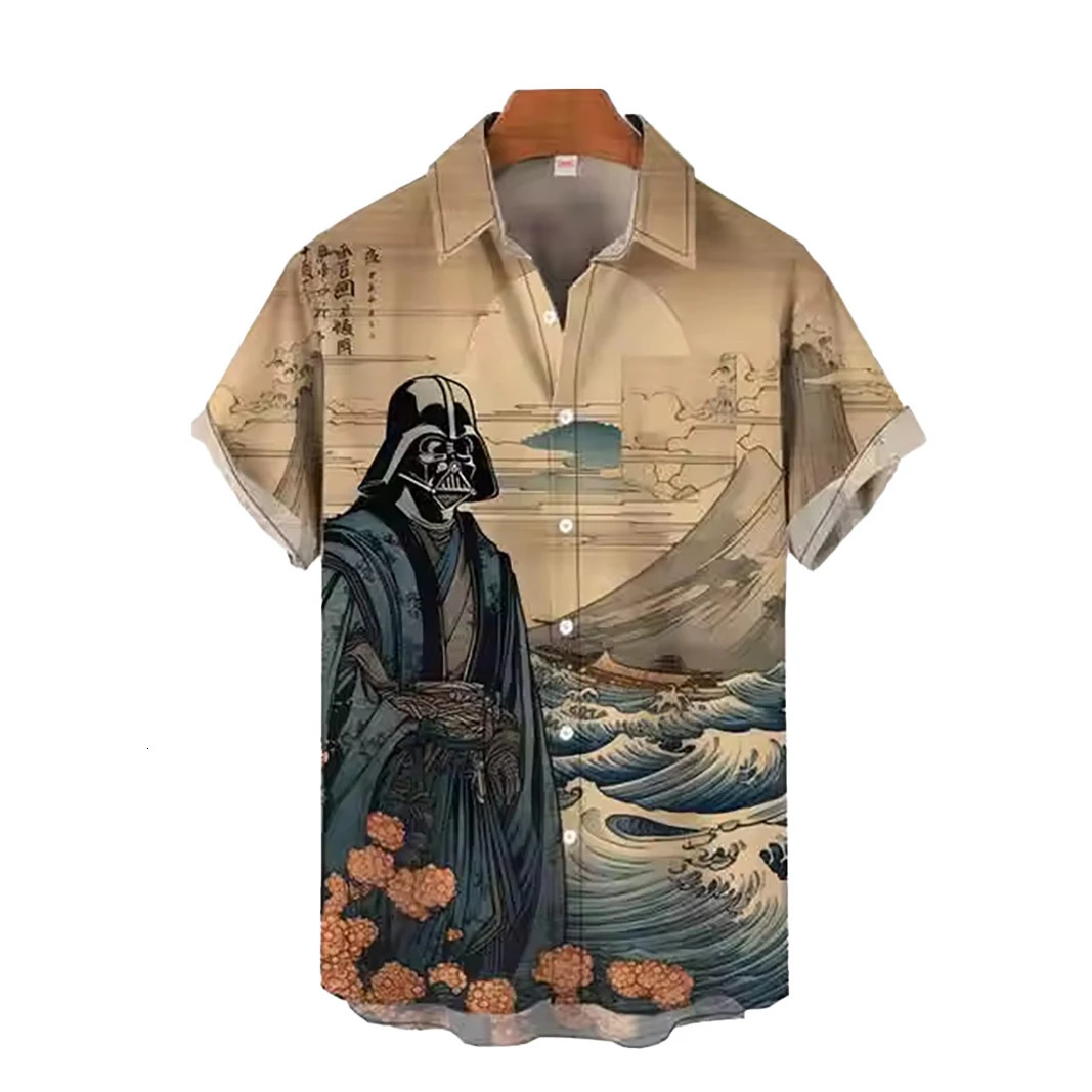 Vintage Japan Harajuku Retro Masked Samurai Mens Hawaiian Casual Shirt Men With Print Short Loose Camisas Casuais Slim Fit Y2K 250224