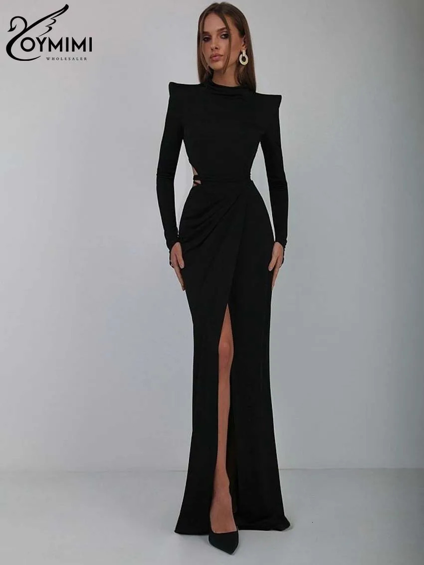 Oymimi Elegant Black Ultra Thin 2piece Womens Dress Sexy Long Sleeve Lace Open Back TightFloor Length Mermaid Tight 250226