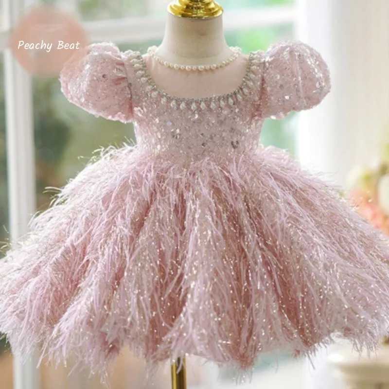 Girl's Dresses Fashionable baby girl princess sequined feather dress with fluffy sleeves childrens pearl Visconti party baby clothing 2-14Y Y2502