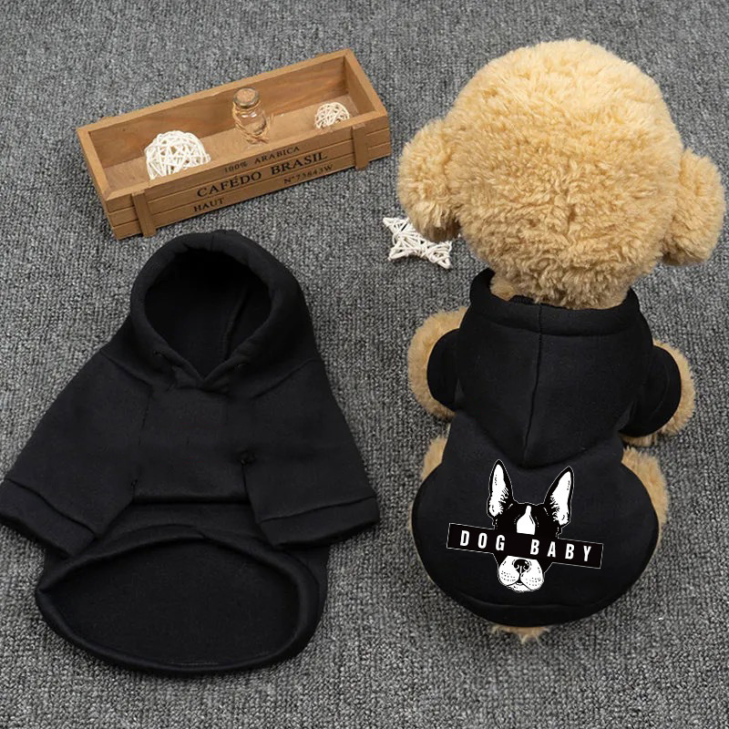 Dog Hoodie Winter Pet Costumes: DOG BABY Lettered Dog Head Printed Puppy Soft Sweatshirt, Winter Fleece Dog Hooded Clothes Pet Cat Warm Outfits Black 