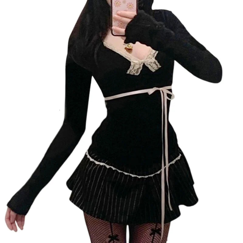 Ladies Fairy Grunge Top y2k Women Clothes Lace Trim V Neck Long Sleeve T Shirt with Bow Coquette Clothing 2000s Streetwear 250226