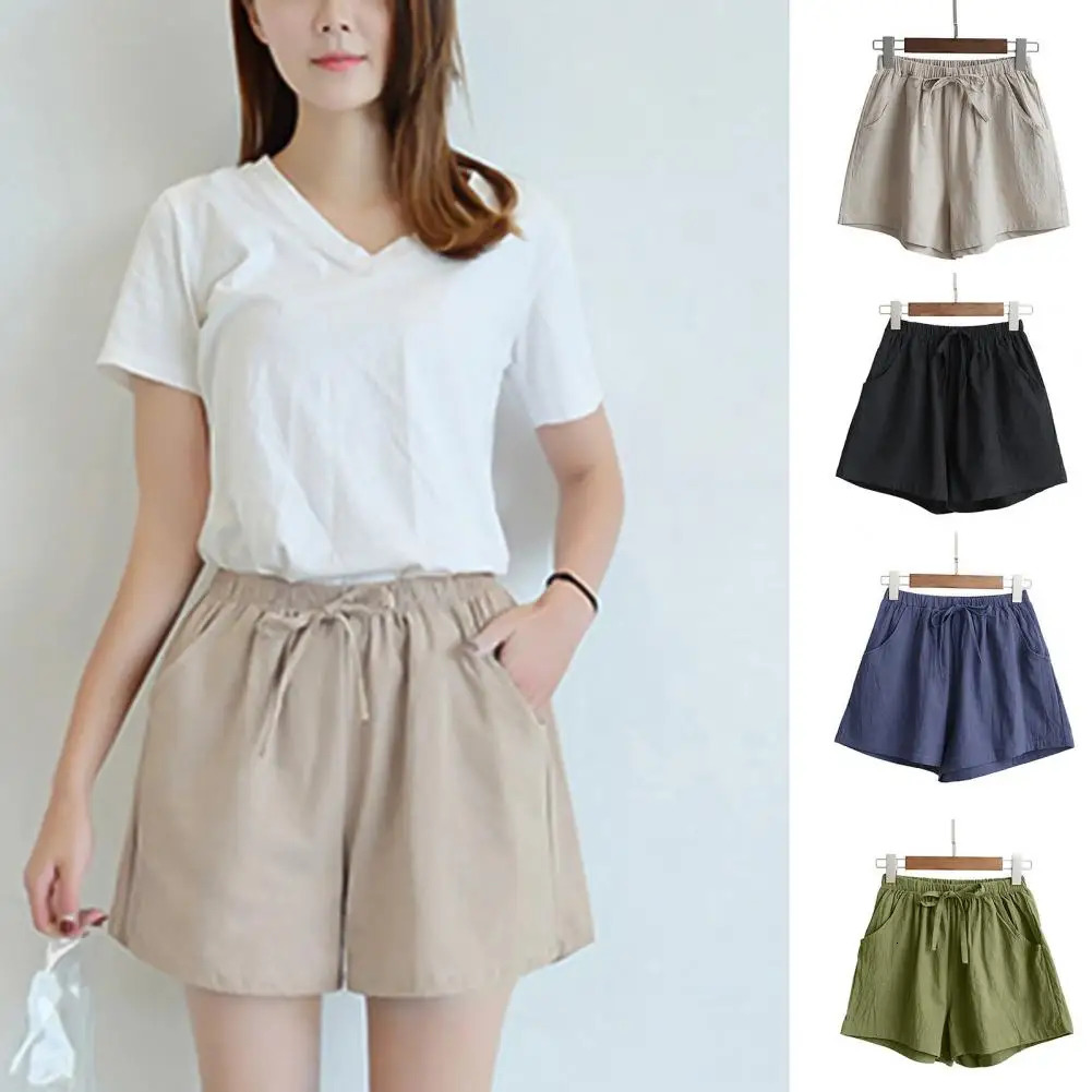 Short Pants with Drawstring High Waist Solid Color Double Pockets Thin Linen Wide Leg Women Casual Shorts Outdoor Streetwear 250227