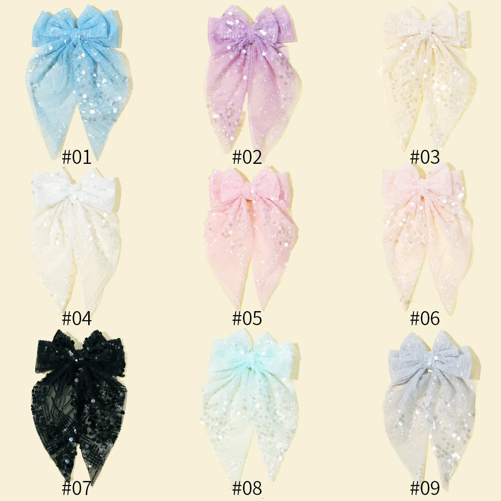 Bulk 27pc/lot Large 5.5 Double Layer Sequin Bow Hair Clips Baby Girls Hair Accessories Kid Long Tails Bowknot Hairpins Barrette 250227