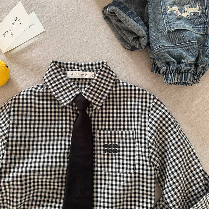 T-shirts Childrens Shirt 2025 Linlin Mom Spring New Product Male and Female Letter Tie Shirt Baby Versatile Checkered ShirtY250227I47C