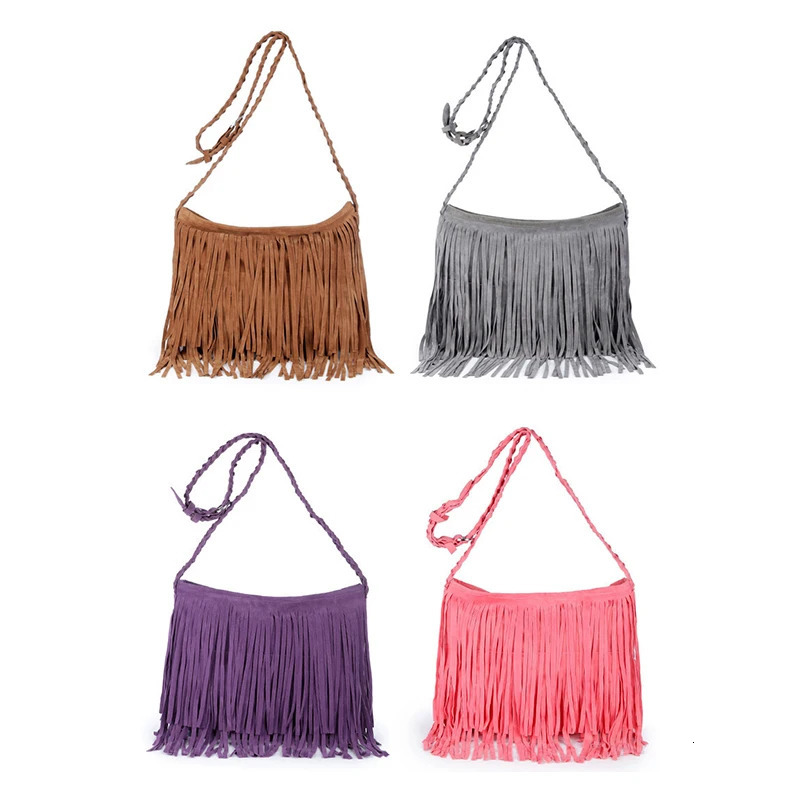 Ship from US Womens Fringed Leather Shoulder Bag with Knitting Strap Soft Ethnic Style PU Messenger Solid Color Tassels Handbag 250227FBB