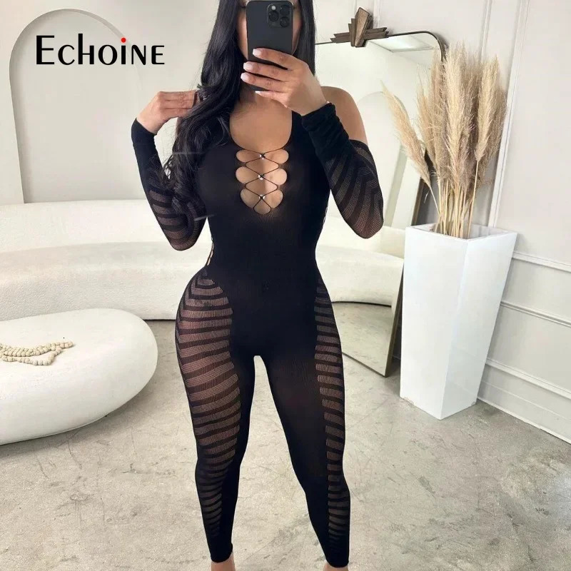 Echoine Womens Sexy Halter neck Hollow backless long sleeve Bodycon Jumpsuit Fashion Party Club Playsuits Pants Rompers 250227