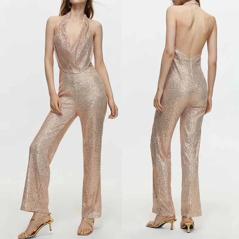 Evening Glitter Womens Sexy Sequins Jumpsuit Ladies Elegant Swing Collar Stacked Sleeveless Straight Rompers Formal Party Wear 250227