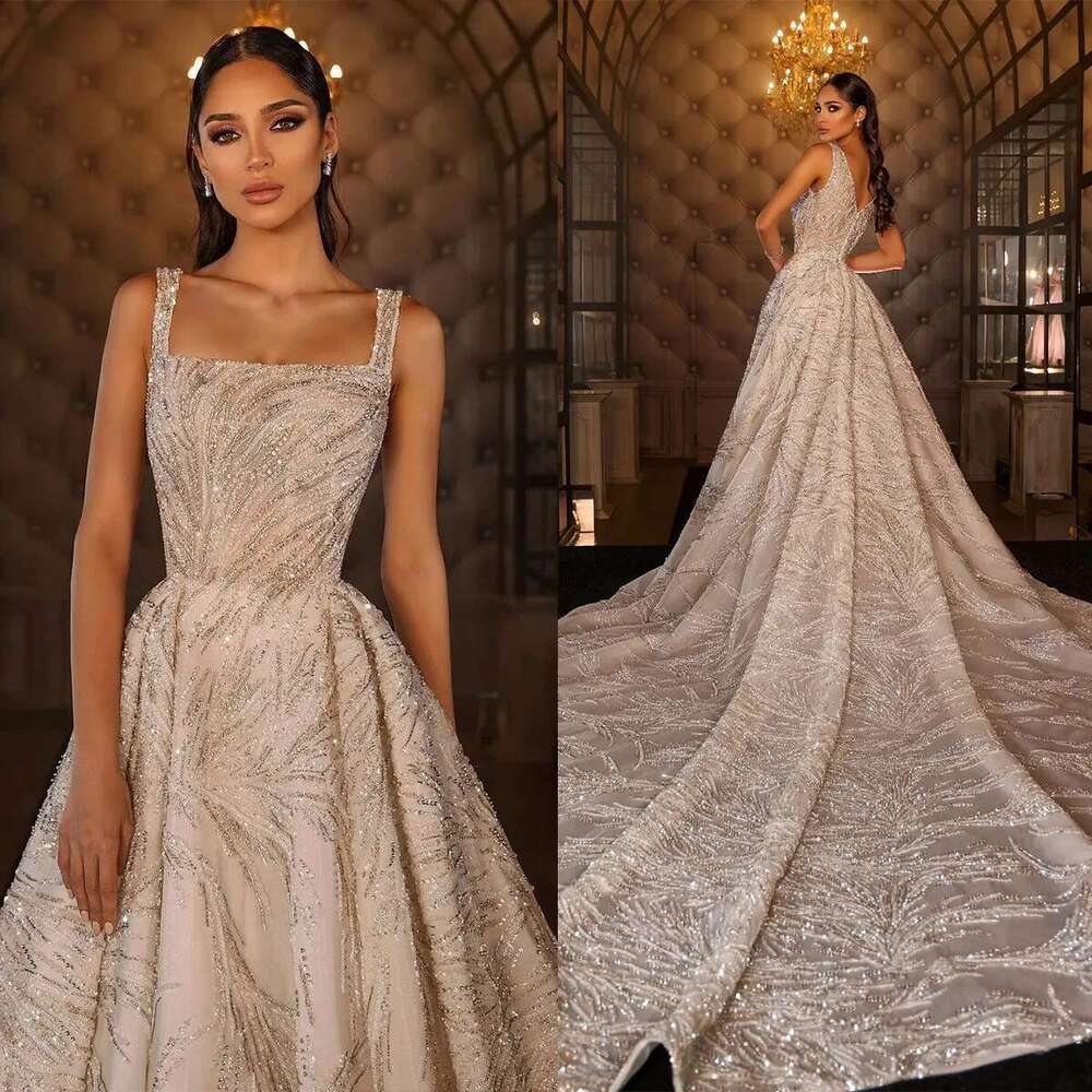 Glamorous A-e Wedding Dresses, Shiny Square Sequins, Backless Appliques, Sweep Train Bridal, Classic Custom Robe