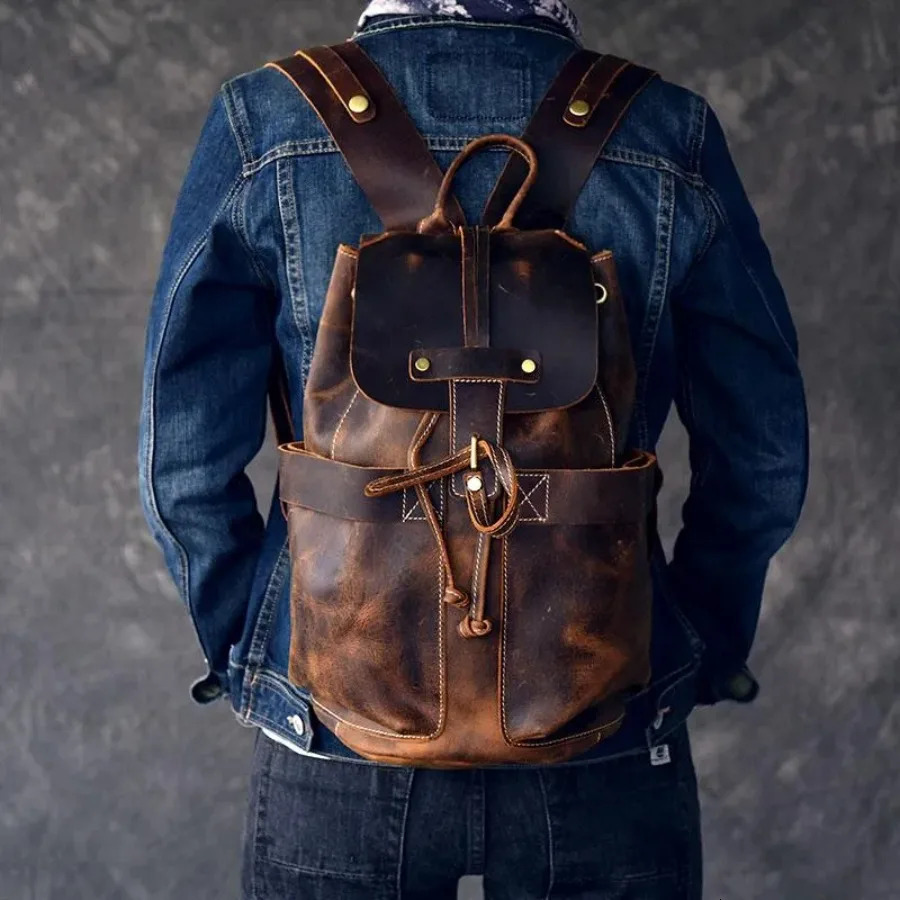 Ship from US Vintage Leather Travel Backpack for Men Women | Durable Rucksack Outdoor Hiking Camping 250227FBB