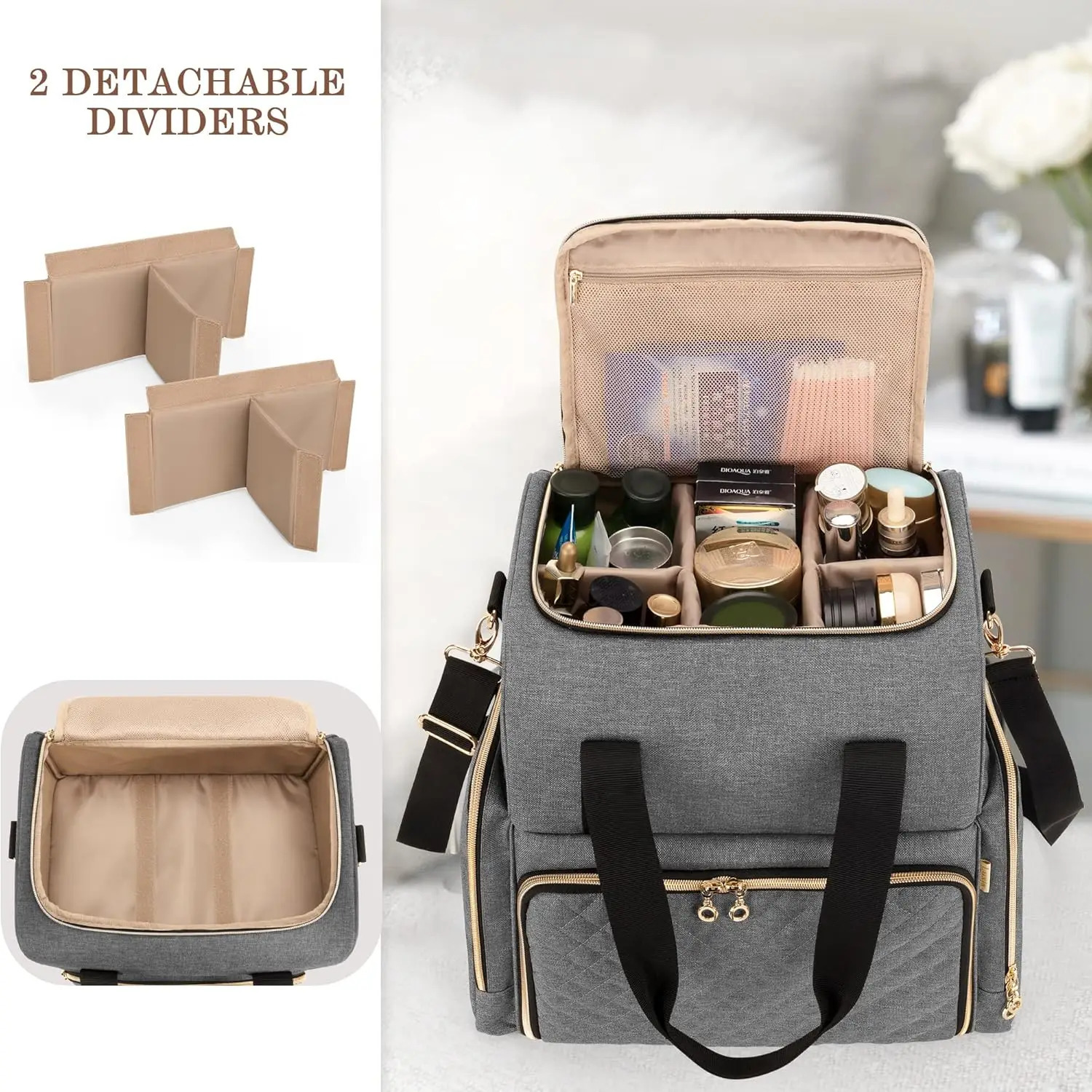 Ship from US Large Travel Makeup Bag with 3 Removable Cases Cosmetic Detachable Dividers Patent Pending Gray 250227FBB