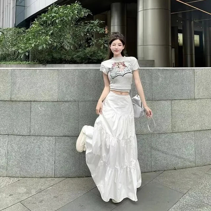 Y2k Clothes Women Skirts Vintage High Waist Elastic Patchwork White Chic Long Cake A-line Skirt Streetwear 250226