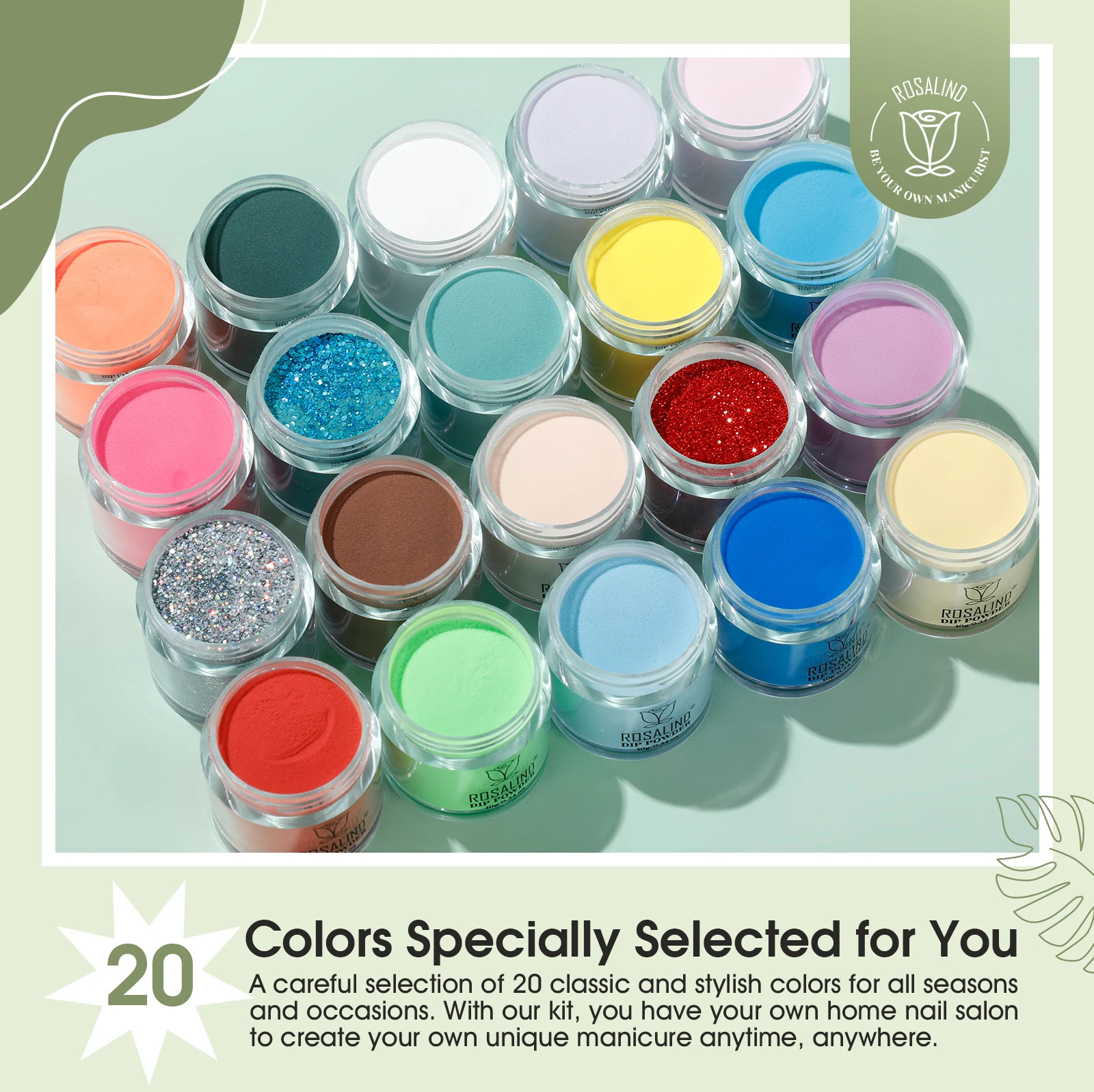 ROSALIND 29PCS Dip Nails Powder Starter Kit 20 Colors Dip Powder Nail Kit Red Green Orange Glitter Series Nail Dip Powder Color 250227