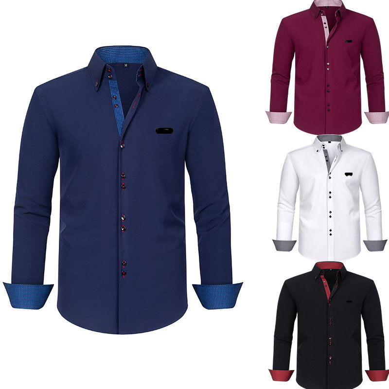 Men's Color blocking Shirts Business slim fit versatile all season four sided elastic non ironing men's long sleeved shirt silky vert