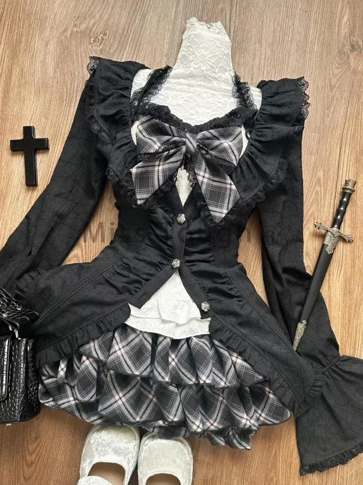 Autumn Winter Lace Skinny 3-piece Set Women Chic Slash Neck Sling Long Sleeve Cardigan High Waist Plaid Skirt Suit 250226