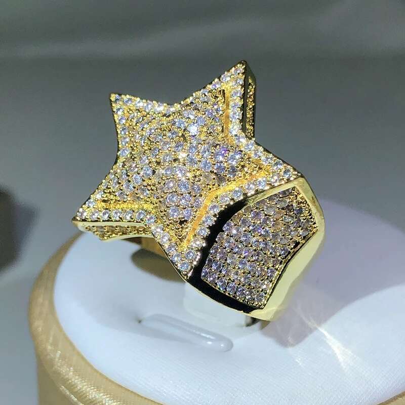 Sier Classic Yellow Gold Five Star Zircon For Women & Men Big Ring Party Birthday Jewelry Gift