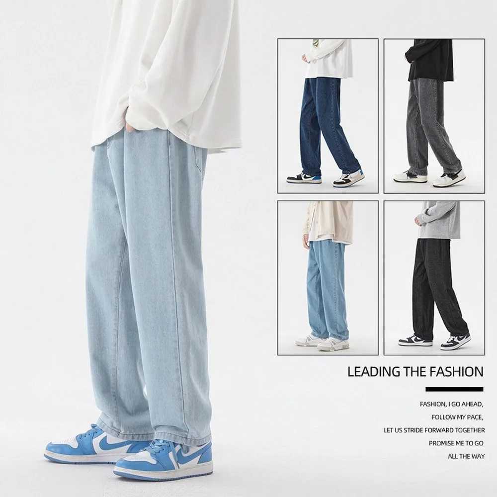 Korean Fashion Mens Casual Ankle-Length Jeans Classic Man Straight Denim Wide-leg Pants Solid Colors Light Blue Grey Black 3XL X250227