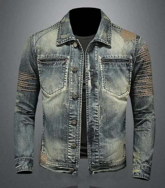 Riding Biker Denim Jacket Mens Retro Slim Cowboy Jacket Youth High Street Ripped Patch Denim Outerwear 250225