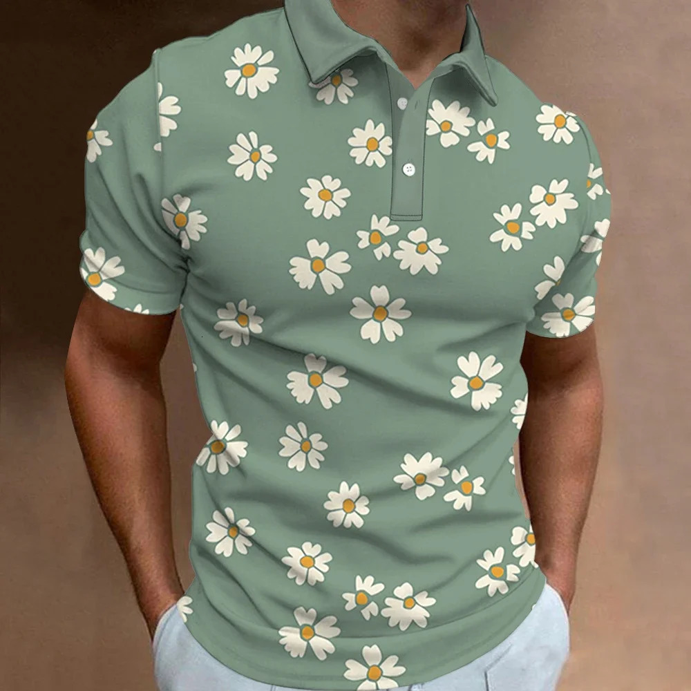 Mens Polo Shirt Summer Street Casual Short Sleeve Flower Print Buttons Tops Fashion Pullover Oversized Clothing Male Golf Wear 250227