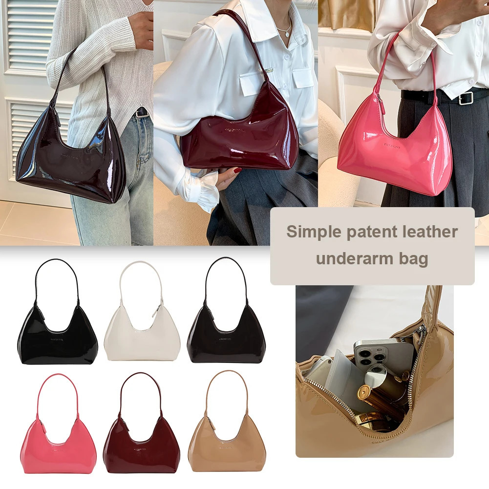 Ship from US Womens patent leather handbag fashionable shoulder bag casual zipper armrest top girls date wallet 250227FBB