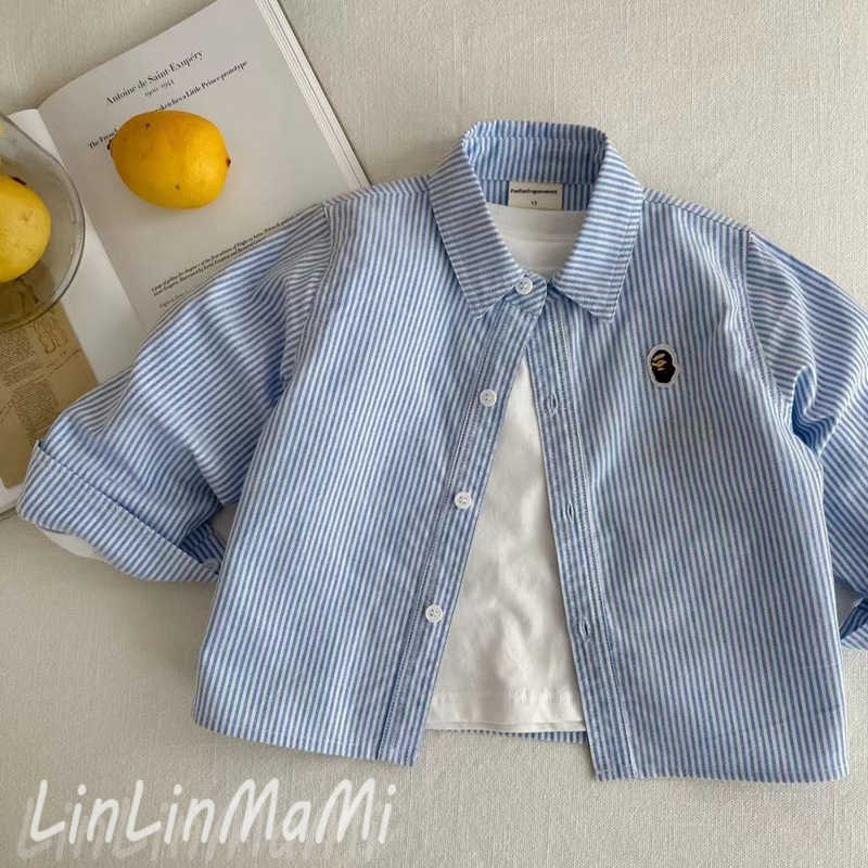 T-shirts Blue Childrens Shirt 2025 Autumn New Product Shirt Mens and Womens Clothing Long Sleeve Boys Shirt Korean Edition Boys ShirtY250227ORYP