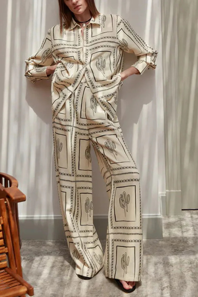 Printed Shirts Two Piece Set Women Long Sleeve Lapel High Waist Wide Leg Pants Suit For Home Wear Outfits Clothing 250226