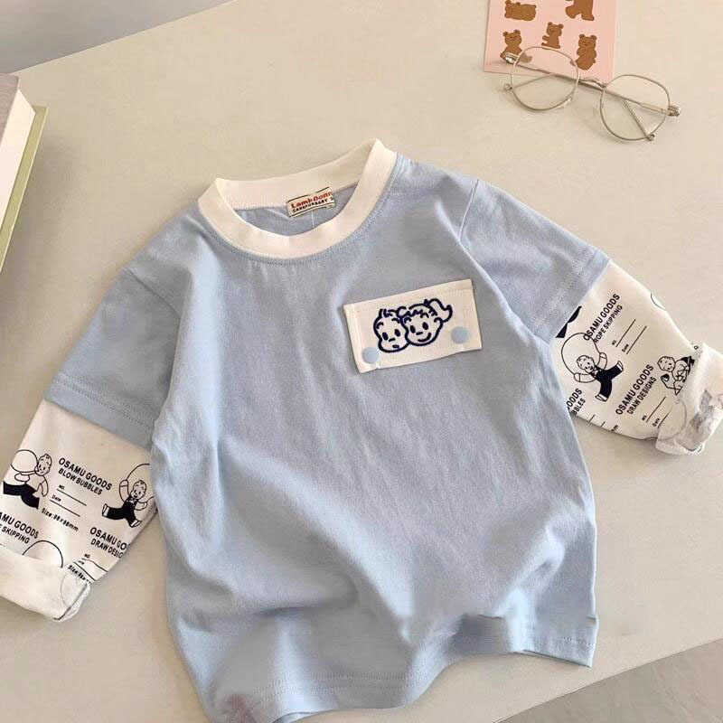 T-shirts Childrens fake two-piece T-shirt spring and autumn style small childrens clothing top cotton baby striped bottom shirt long sleeved boys styl
