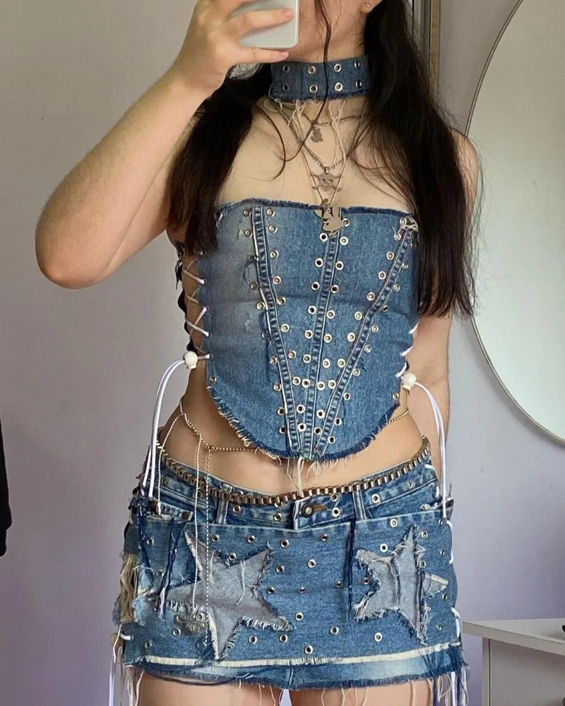 Y2K Fashion Star Patch Embroidered Sexy Skirt Women Streetwear Vintage Gothic Harajuku Sexy Spice Slim Mini Skirt Suit 250226