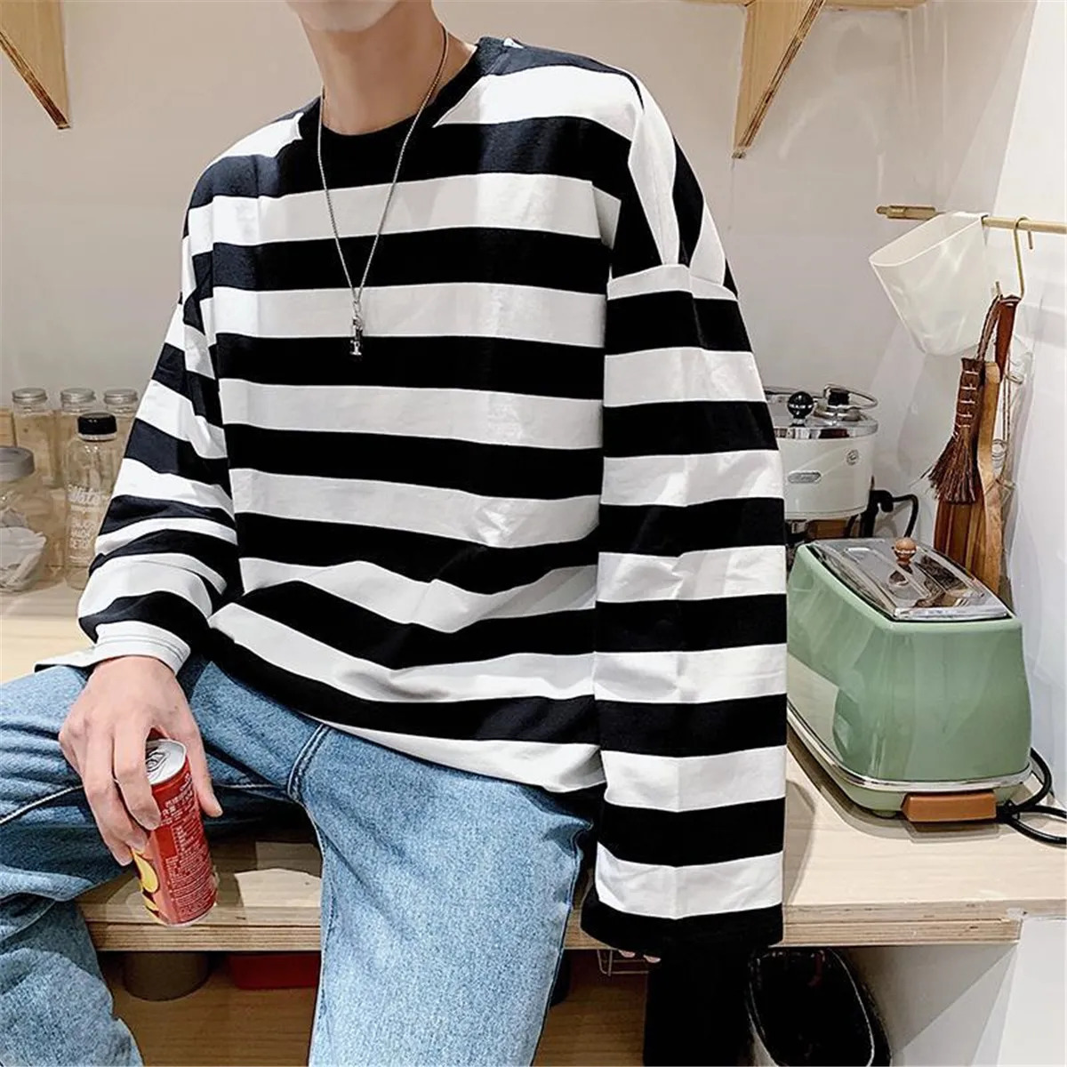 Fashion Punk Men Harajuku Black Red Striped Male Loose Oversized Long Sleeve Summer Boys Tees Retro T Shirt Clothes 250226