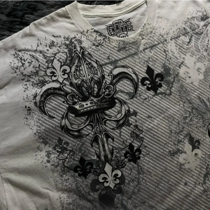 Y2K American Suffering Trendy Retro Fashion Print Round Neck Short Sleeved T shirt Women Street Style Gothic Couple Sports 250226