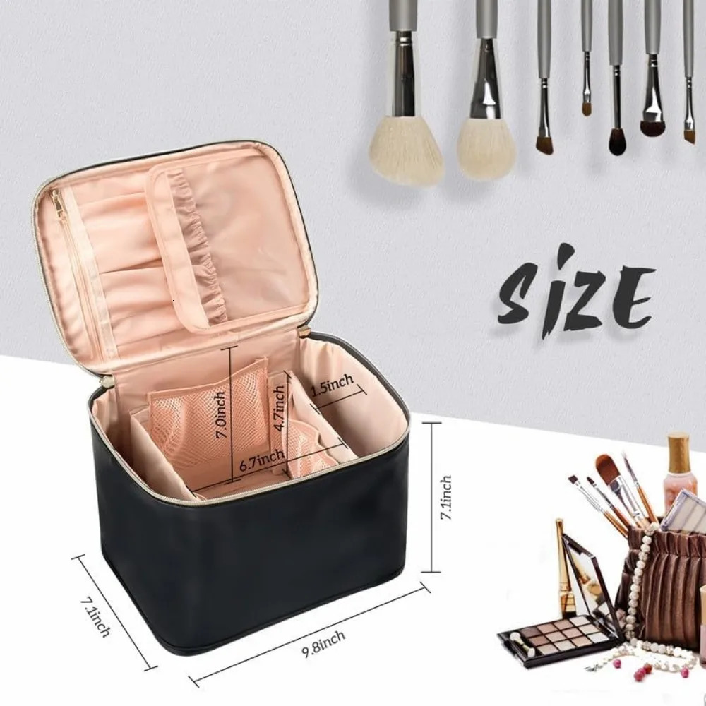 Ship from US Large Ladies Cosmetic Bag Travel Organizer with Brush Holder and Divider Waterproof Leather 250227FBB