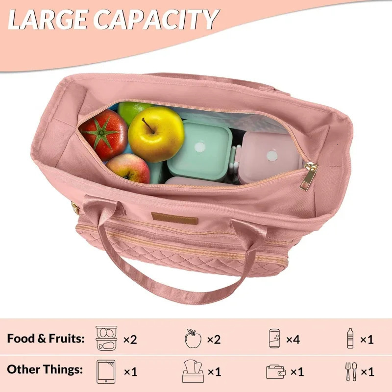 Ship from US Large Womens Lunch Bags Insulated Durable Nylon Thermal Tote with Storage Pocket 13L x 63W 113H Pink 250227FBB