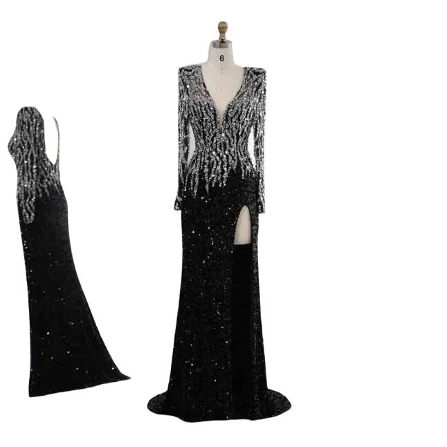 Luxury Black Mermaid Dubai Evening DressesV-Neck Long Sleeves Arabic Women Formal Party Gowns Customized